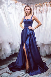 Simple Satin Blue Long Prom Dress A Line Straps Evening Dress DMQ51